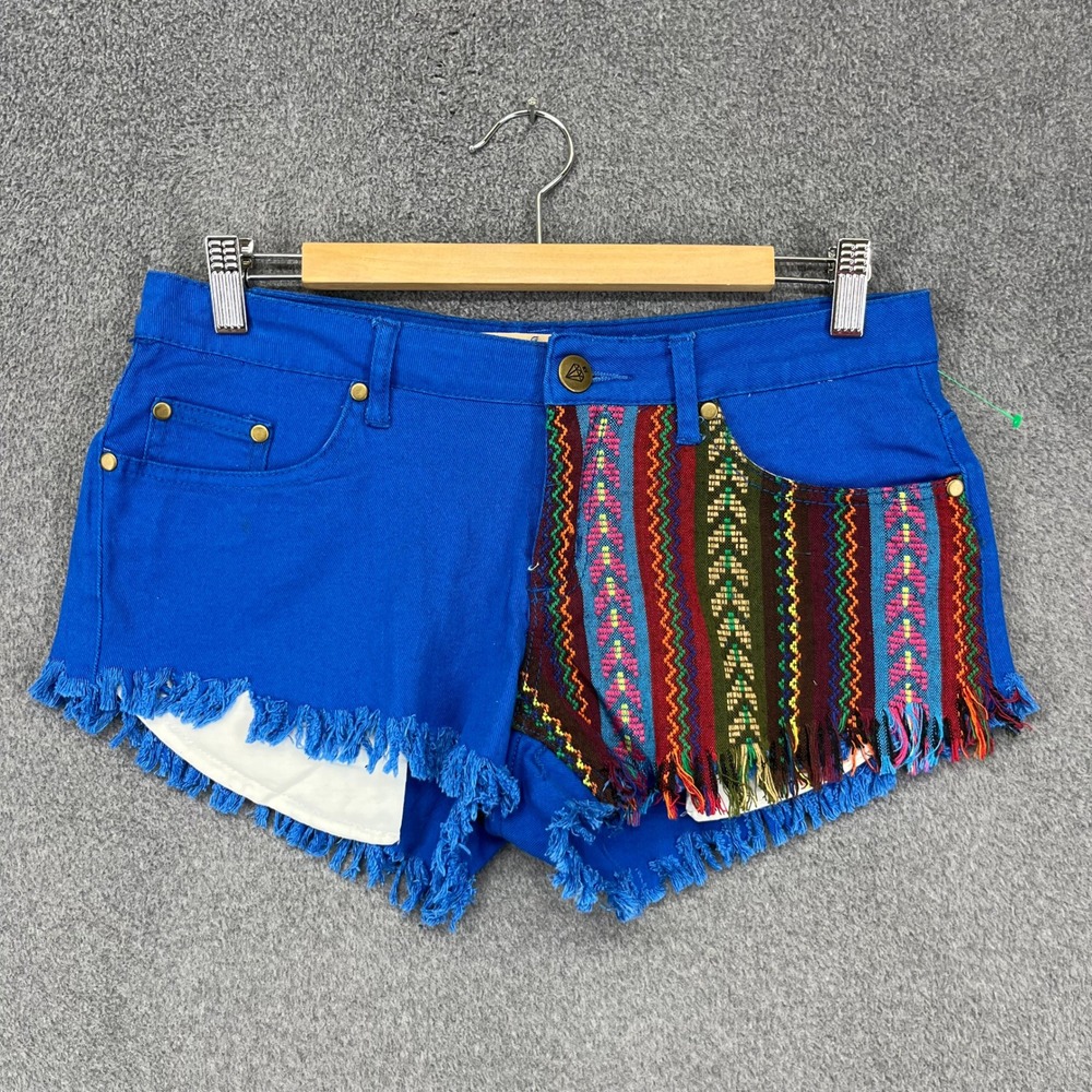 Reverse Tapestry Denim Shorts Womens L Blue Heart Pocket Boho Festival Cut Offs